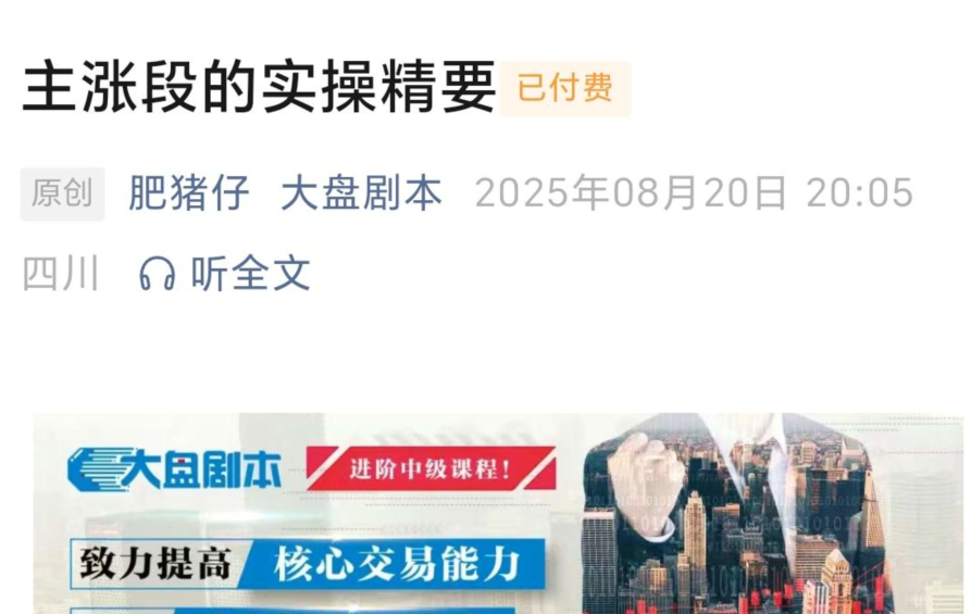 【肥猪仔】肥猪仔付费文 大盘剧本20250820 主涨段的实操精要”PDF文章